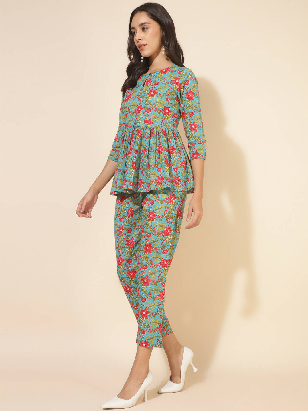 Janasya Women's Blue Cotton Printed Casual Peplum Co-ords | Grocsy
