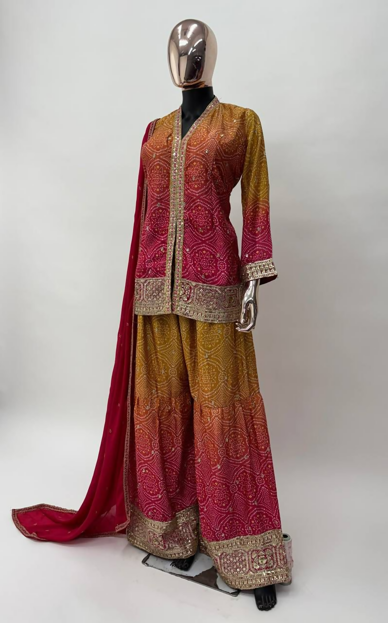 Lorenvalley Fashion Yellow and Pink Chinon Embroidery With Sequince Work Salwar Kameez Stitched | Grocsy
