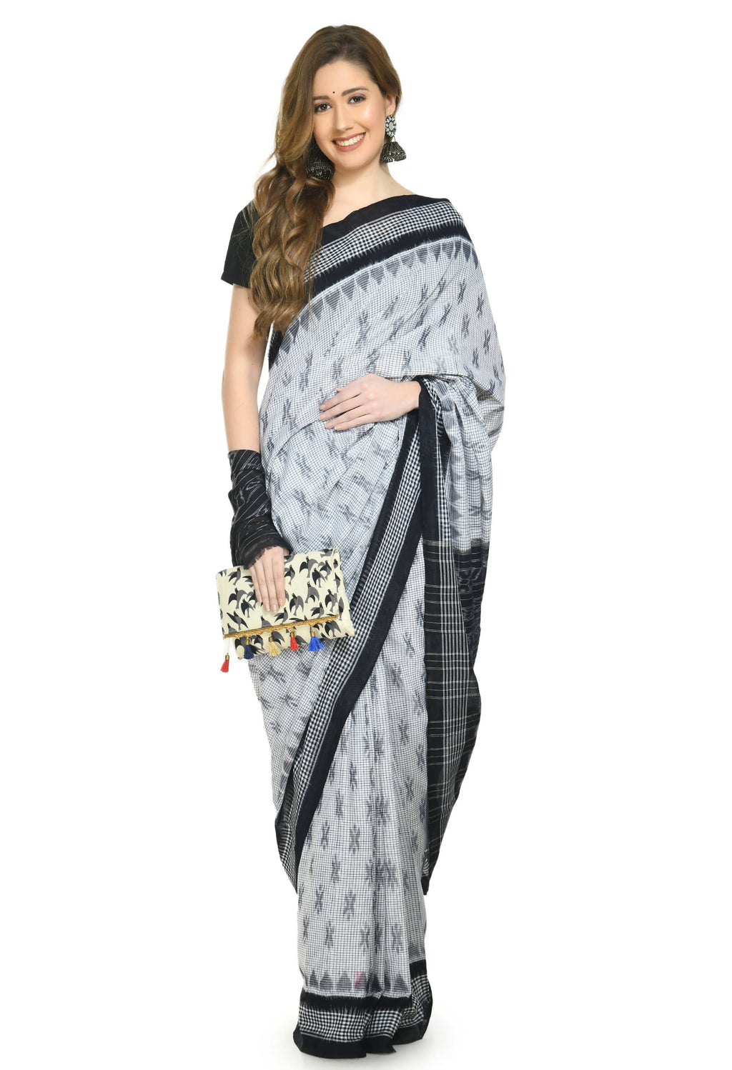 Vamika Sambalpuri Ikat Cotton Dehabandha White & Black Checks Saree | Grocsy