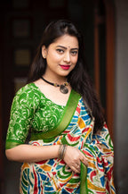 Green Cotton Crepe Batik Print Saree with Unstitched Blouse - Hiral Fashion | Grocsy