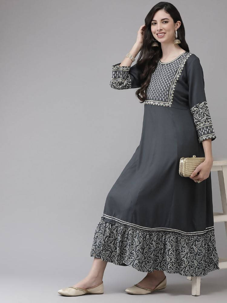 Yufta Grey Embroidered Ethnic Maxi Dress | Grocsy