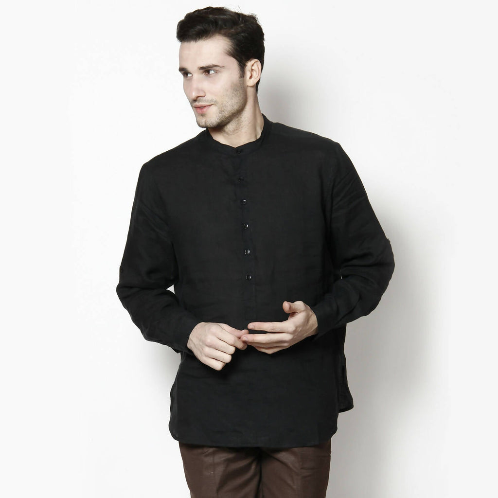 Even Apparels Black Linen Linen Men's Kurta With Band Collar | Grocsy