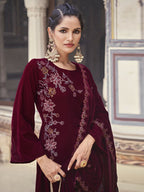 Jyoti Fashion Women's Maroon Velvet Resham Thread with Jari & Sequin Kurta with Trouser & Dupatta | Grocsy