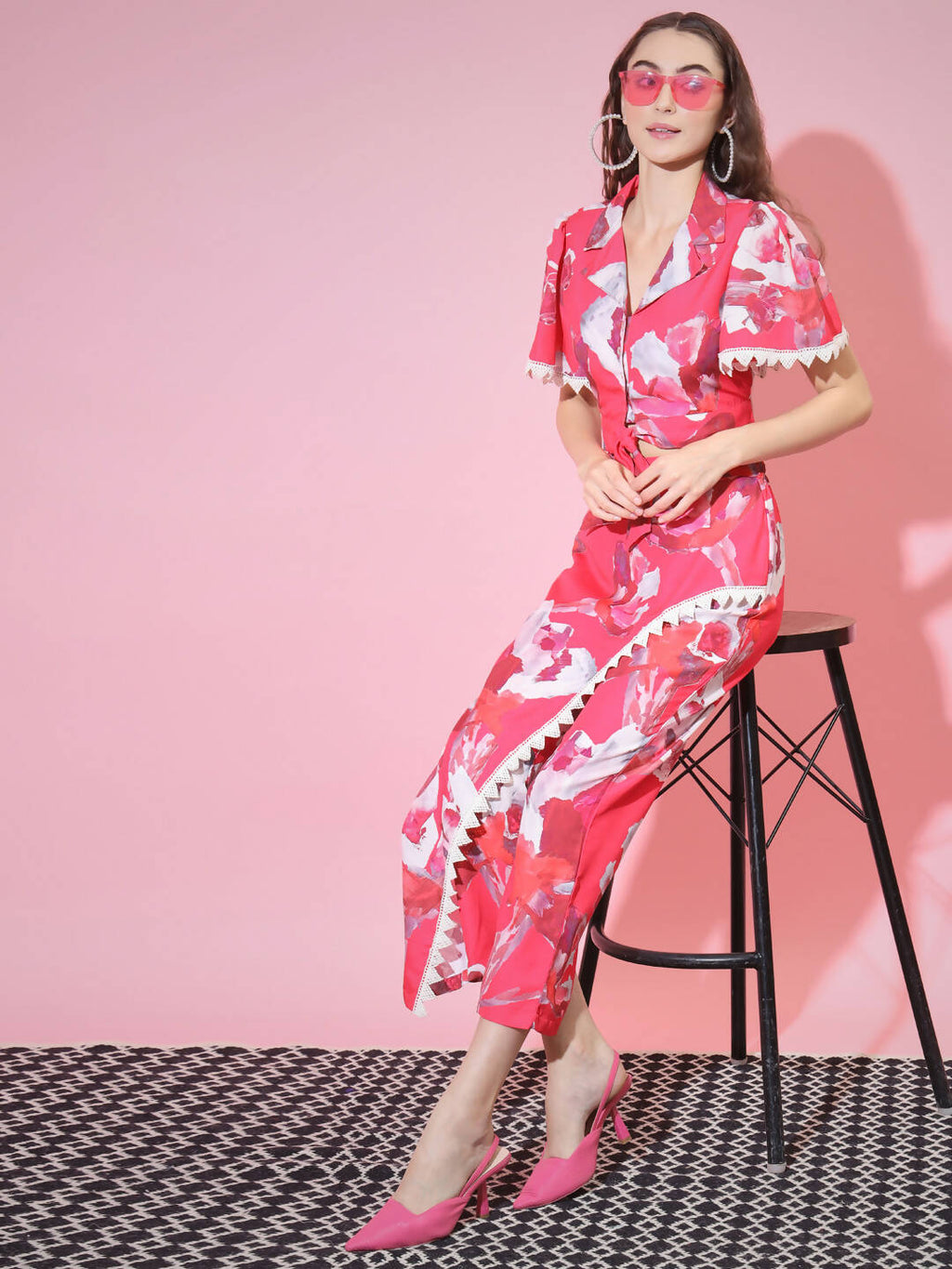 Myshka Women's Pink Shawl Neck Top With Trousers | Grocsy