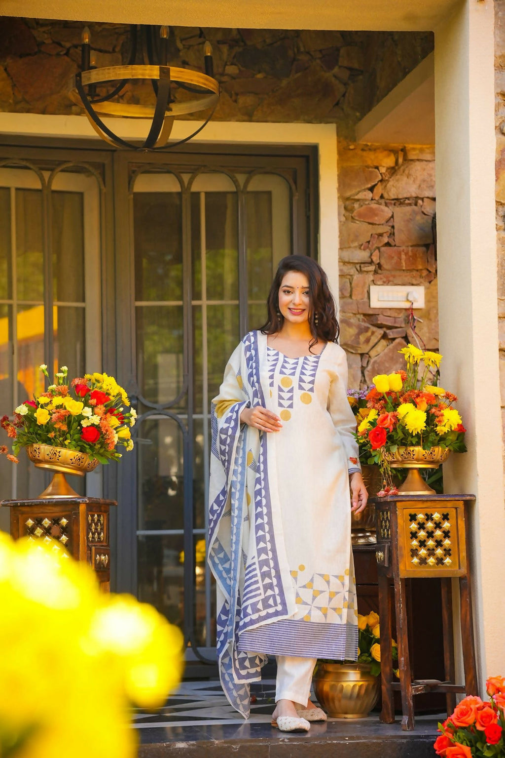 The52 Women's Gorgeous Printed Work Muslin Fabric Straight Kurta Pant and Dupatta Set | Grocsy