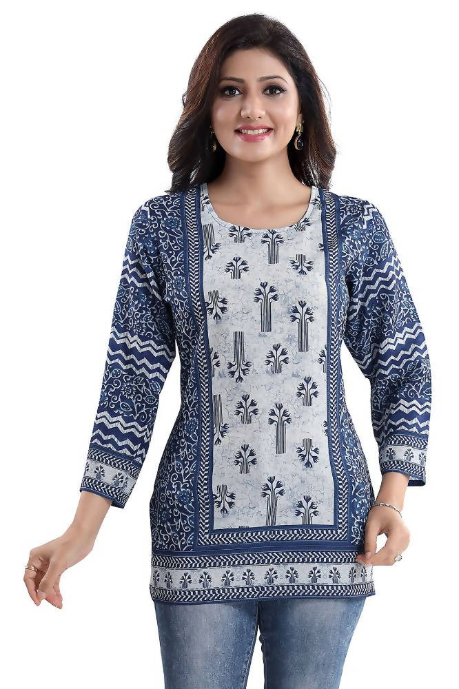 Snehal Creations Stylista Indigo Blue Summer Cool Printed Tunic Top | Grocsy