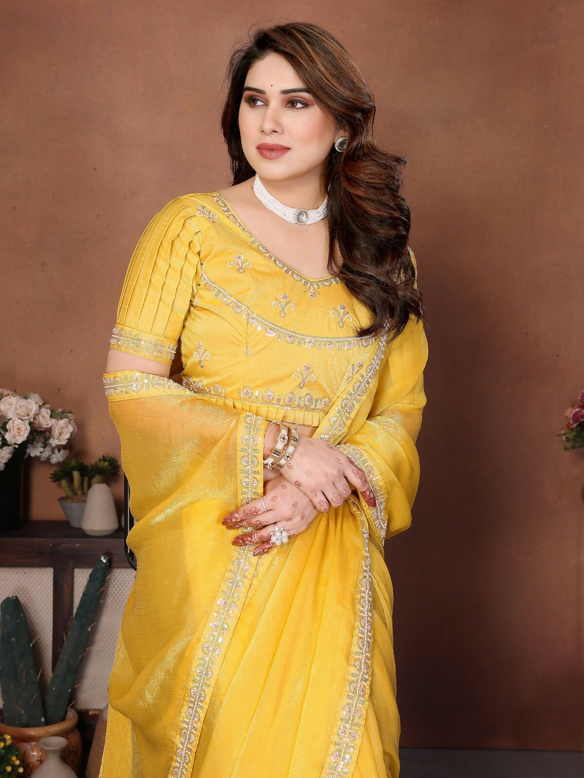 Teeya Creation Trendy Stylish Party Wear Fendy Chiffon Saree-Yellow | Grocsy