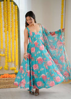 Teeya Creation Blue Pure Muslin Silk Digital Print Traditional Wear Long Gown | Grocsy