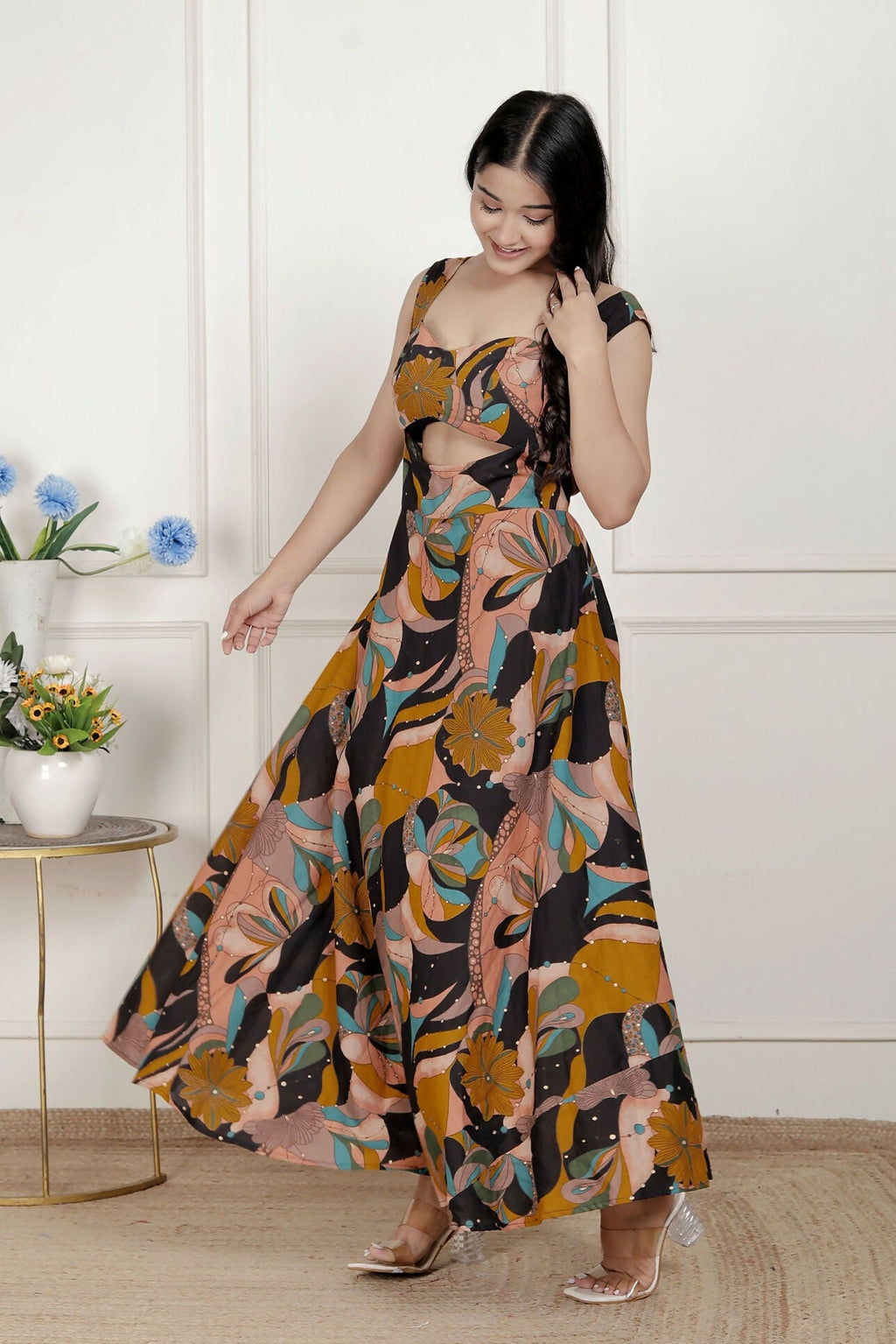 Miravan Womens Black Pure Cotton Floral Printed Sleeveless Cut Out Detail Western Dress | Grocsy