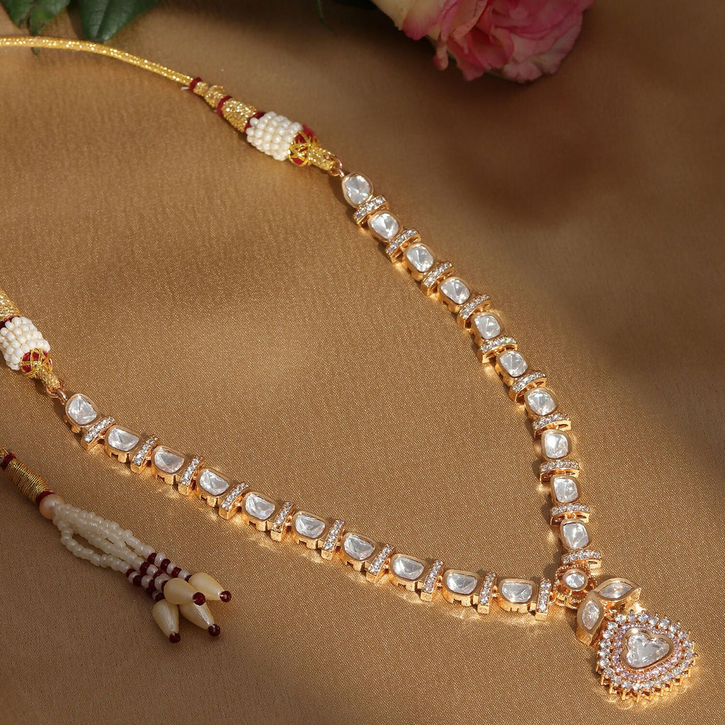 Gold and American Diamond Neckpiece with Pink Stone Center Piece (Gold) - Ruby Raang | Grocsy