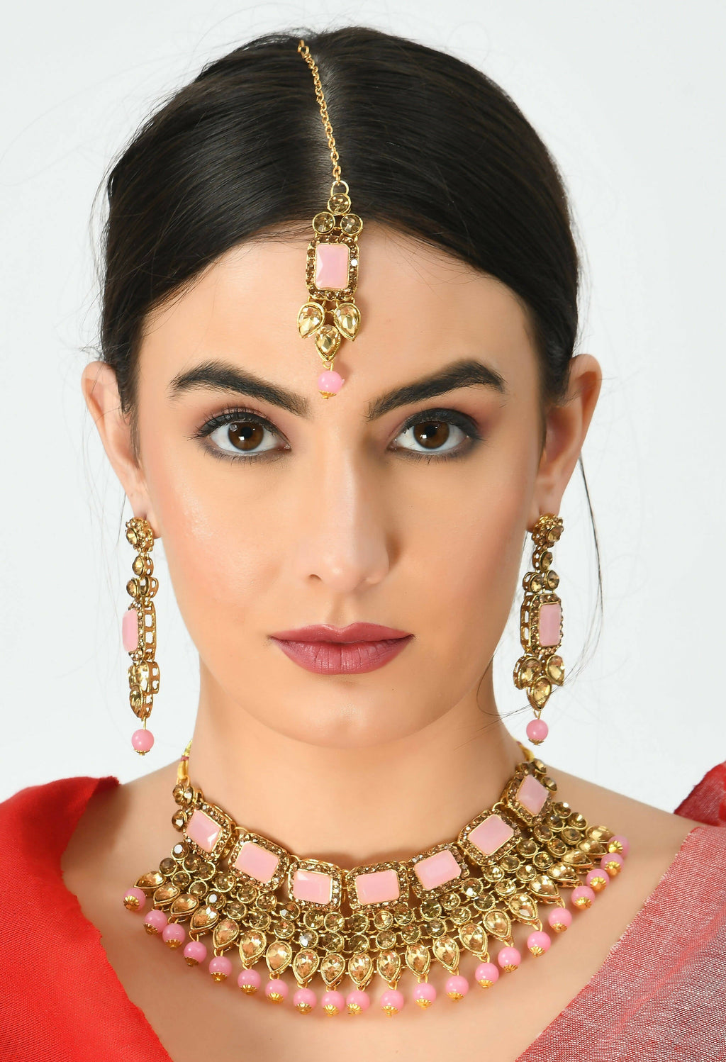 Mominos Fashion Johar Kamal Gold-Polished Brass Finish Kundan/Stone Choker For Women (Baby Pink) | Grocsy