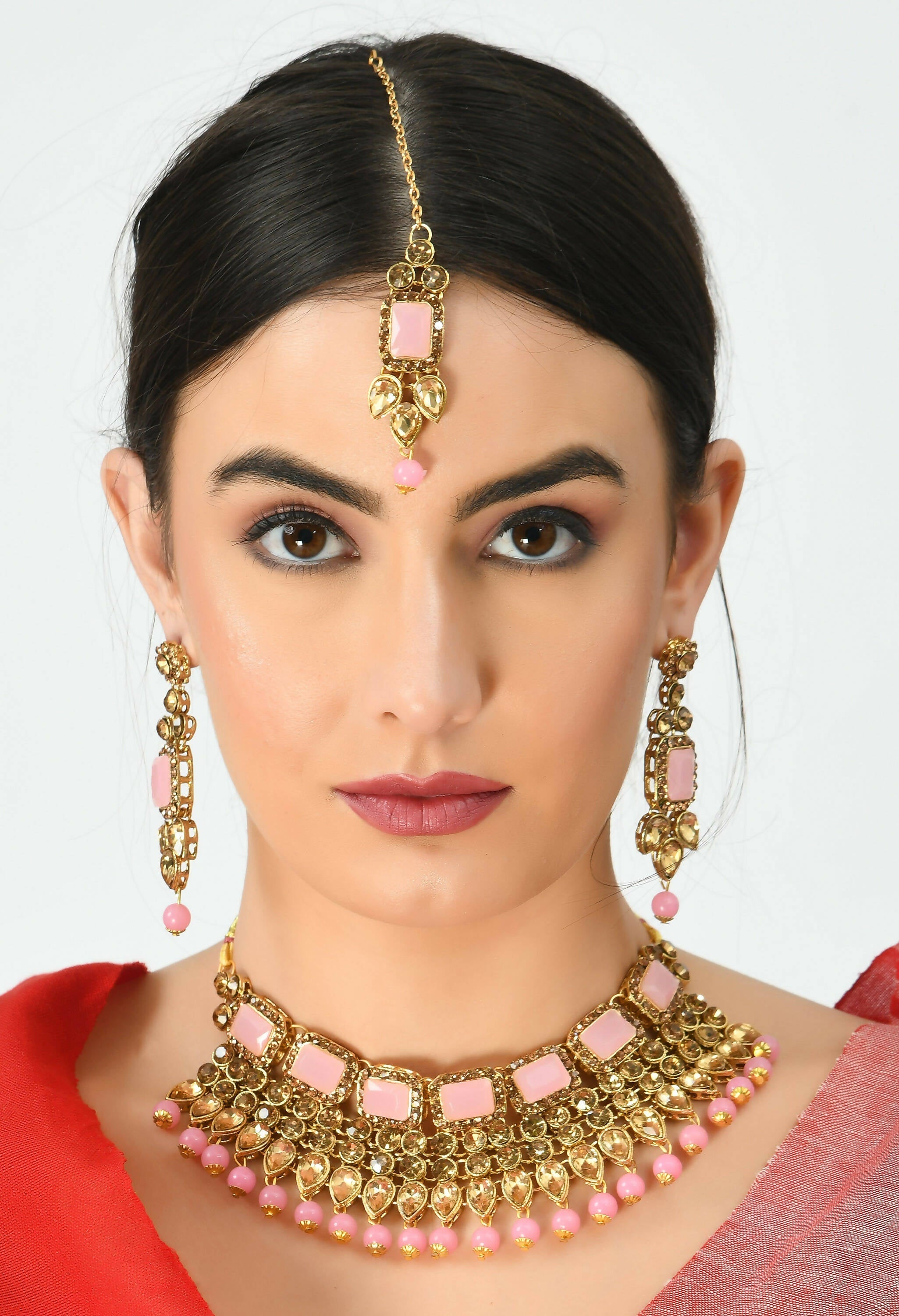 Mominos Fashion Johar Kamal Gold-Polished Brass Finish Kundan/Stone Choker For Women (Baby Pink) | Grocsy