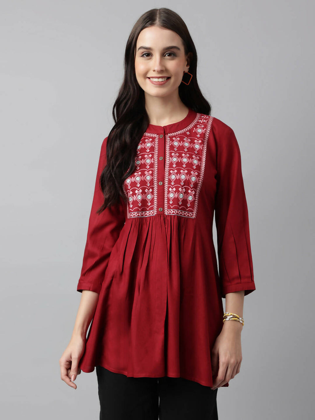 Red Rayon Yoke Embroidered A-line Top - Tarini | Grocsy