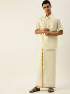 Ramraj Cotton Mens 1/2" Pure Cotton Dhoti Comes With Dhoti And Towel Set - Cream | Grocsy