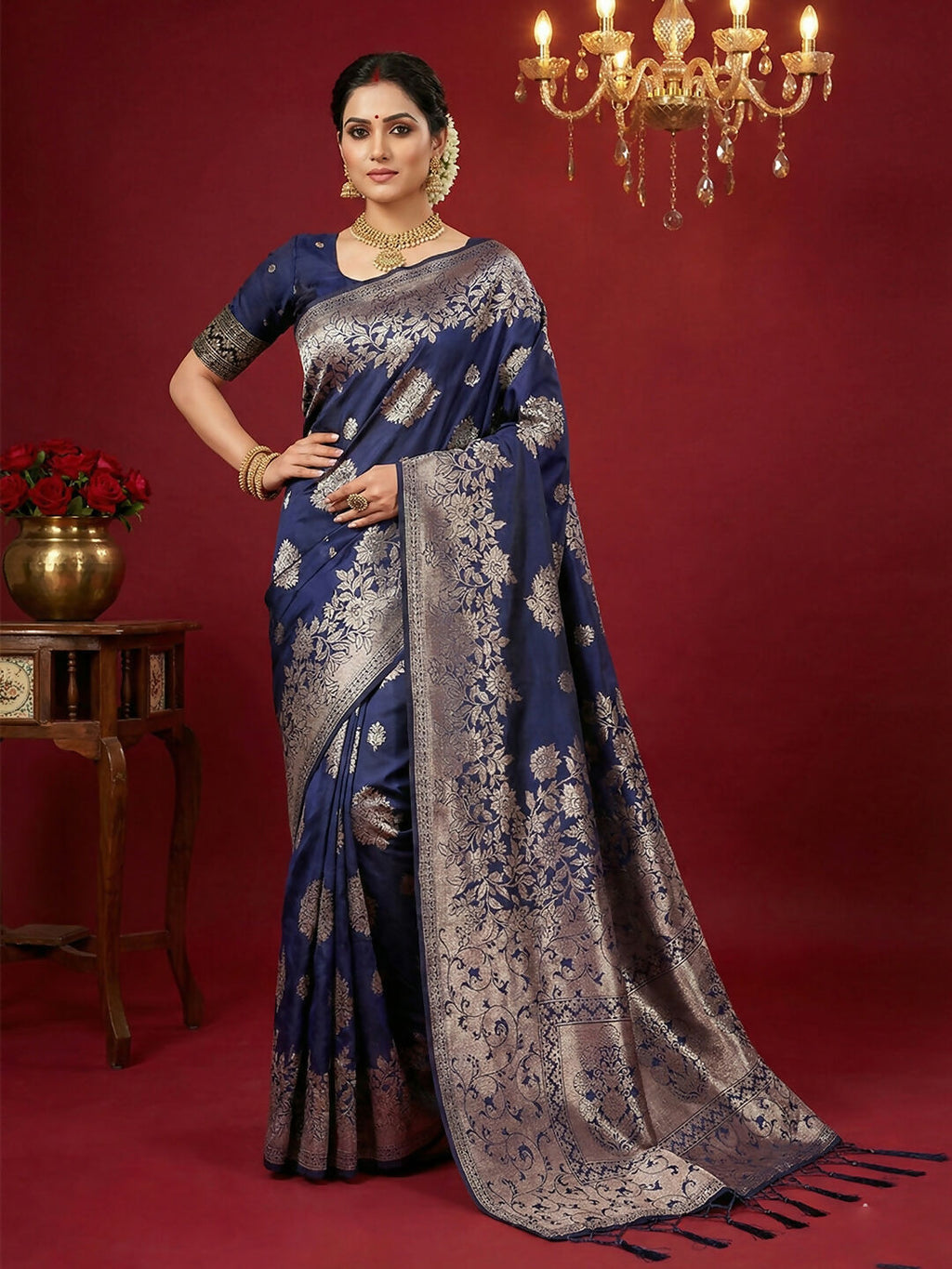 Shree Shyam Fashion Navy Blue Silk Blend Saree | Grocsy