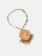 NVR Women & Men Set of 2 Peach Lotus Shape Kundan Stone-Studded & Beaded Bhaiya Bhabhi Rakhi With Roli Chawal | Grocsy