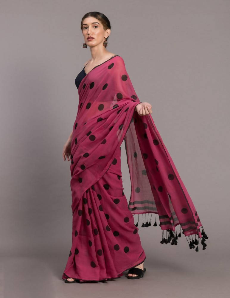 Suta Pink Black Polka Printed Pure Cotton Saree | Grocsy