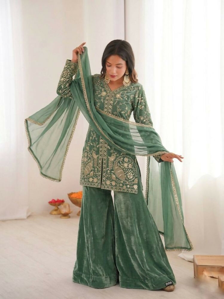 Teeya Creation Light Green Color Fendy Silk Embroidery Work Wedding Wear Salwar Suit | Grocsy