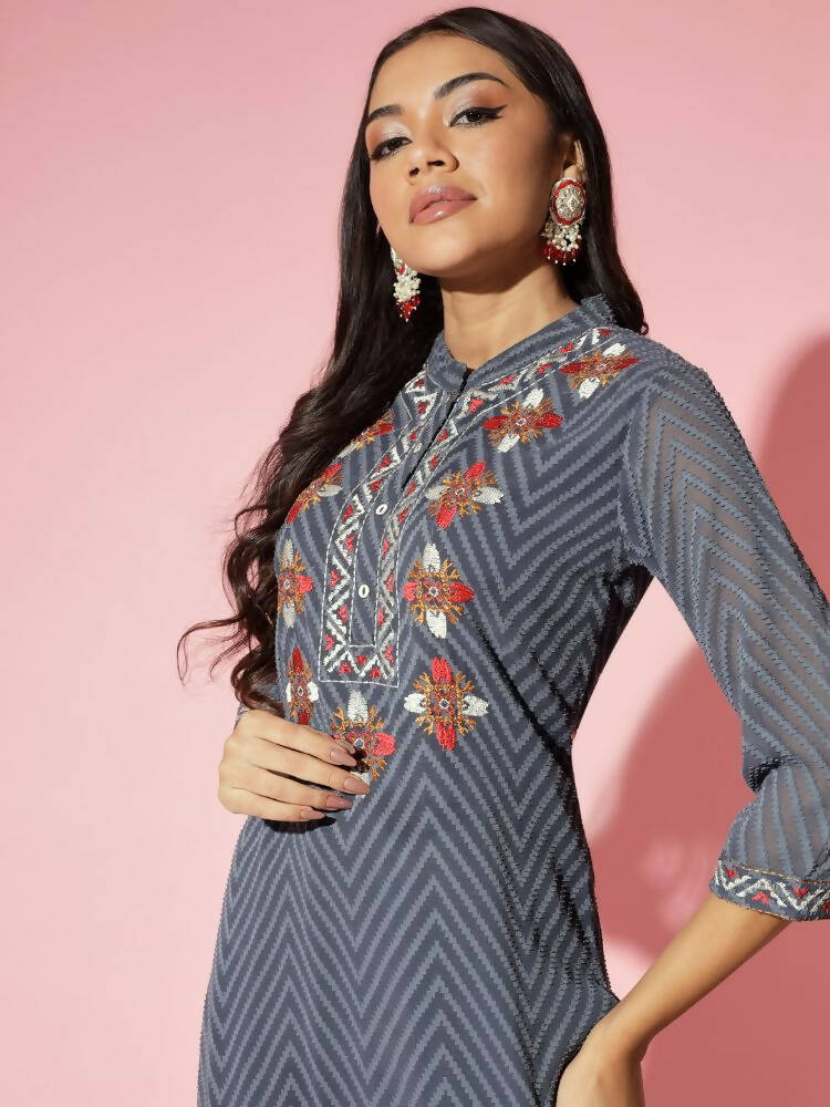 Myshka Women Grey Solid Georgette Straight V-Neck Kurtas | Grocsy