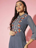 Myshka Women Grey Solid Georgette Straight V-Neck Kurtas | Grocsy