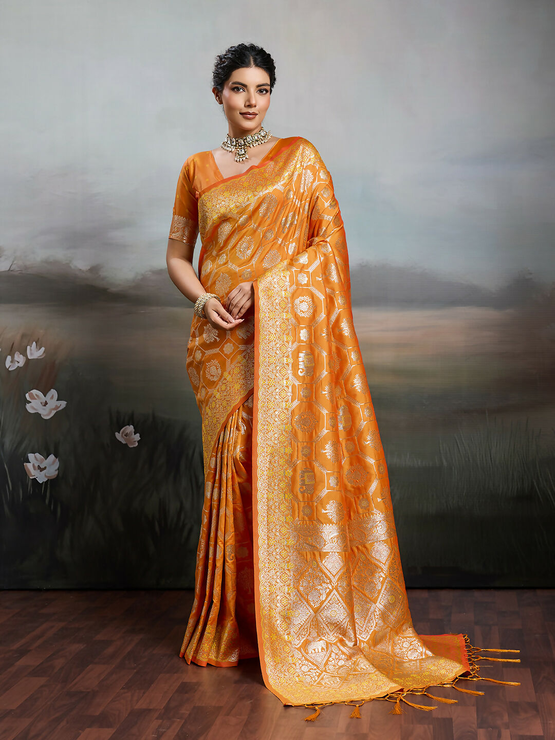 Shree Shyam Fashion Orange Silk Blend Saree | Grocsy