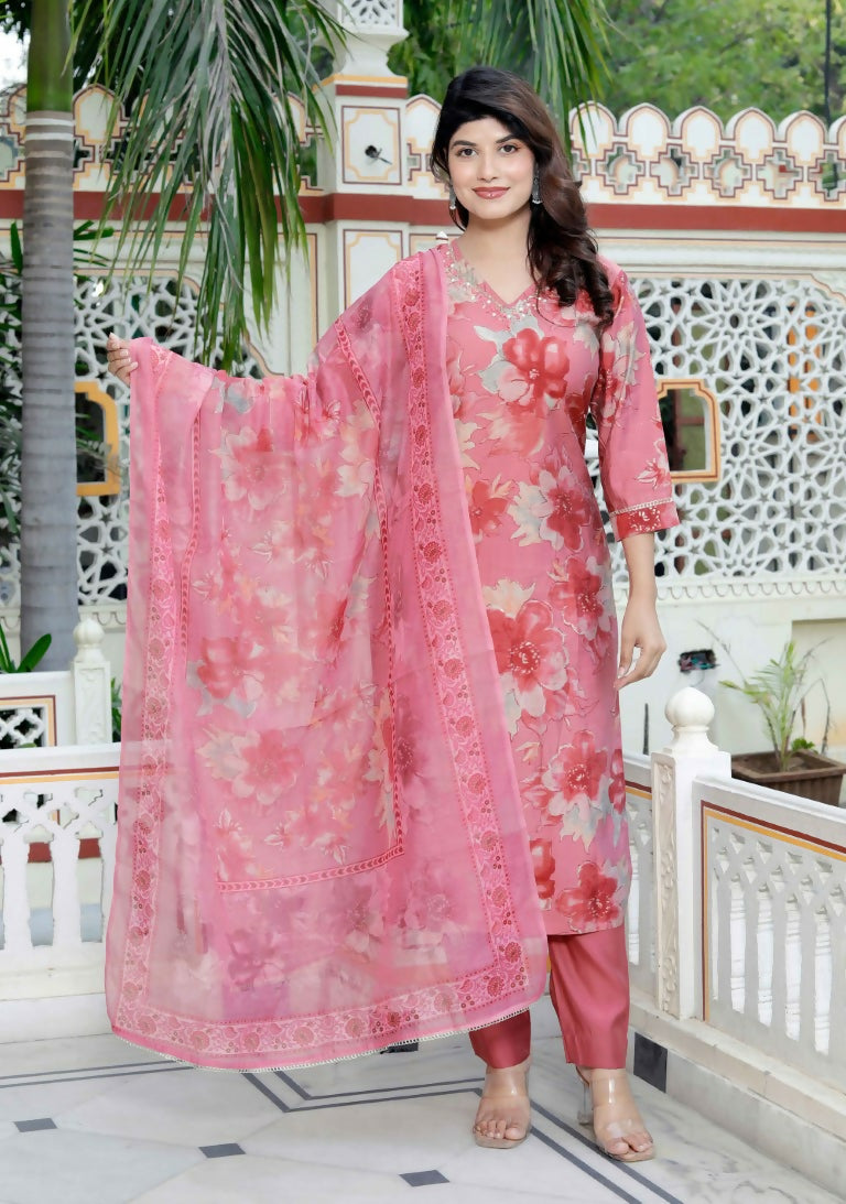 Miravan Women's Muslin Pink V-Neck Embroidered Kurta with Palazzo and Dupatta | Grocsy