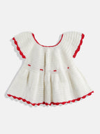 Chutput Kids Woollen Hand Knitted Full Sleeves Rosette Work Dress For Baby Girls - White | Grocsy