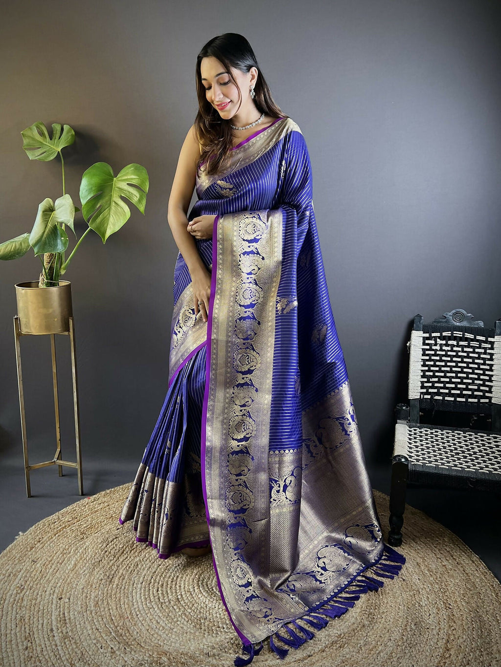 Joban Fashion Royal Blue Striped With Floral Motifs Soft Silk Leheriya Saree | Grocsy
