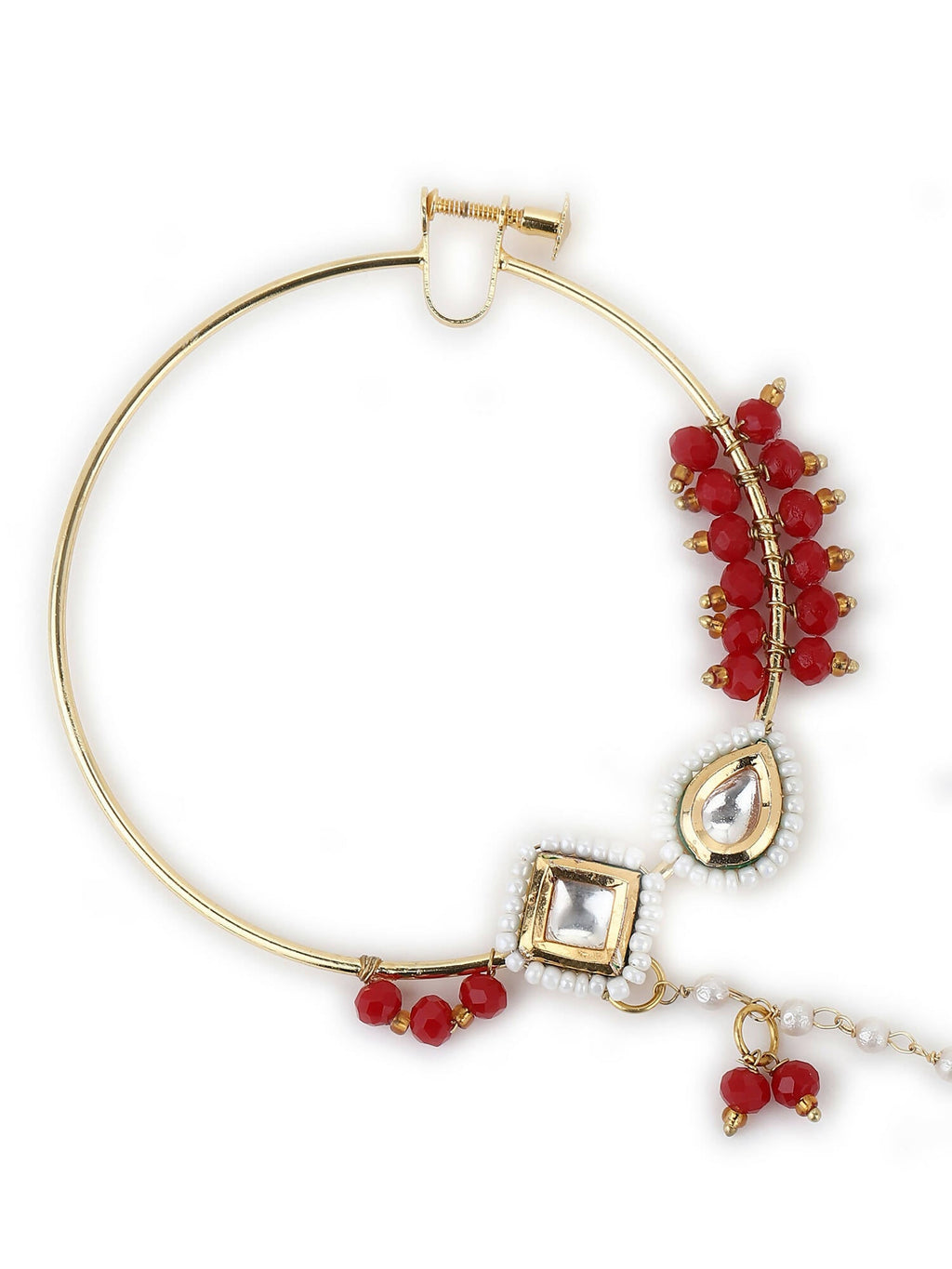 Gold-Polished White Red Stone-Studded Pearl Beaded Nosepin - Ruby Raang | Grocsy