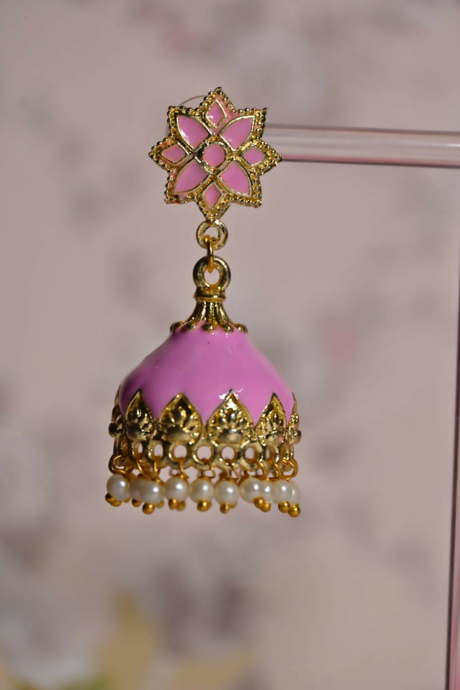 Pink Enamel Small Jhumki Earrings By House of Ree - Swadesiicart