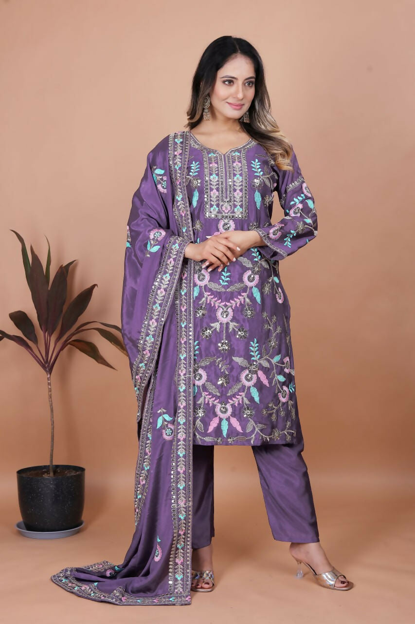 Teeya Creation Lavender Chinon Embroidery Work Party Wear Salwar Suit | Grocsy