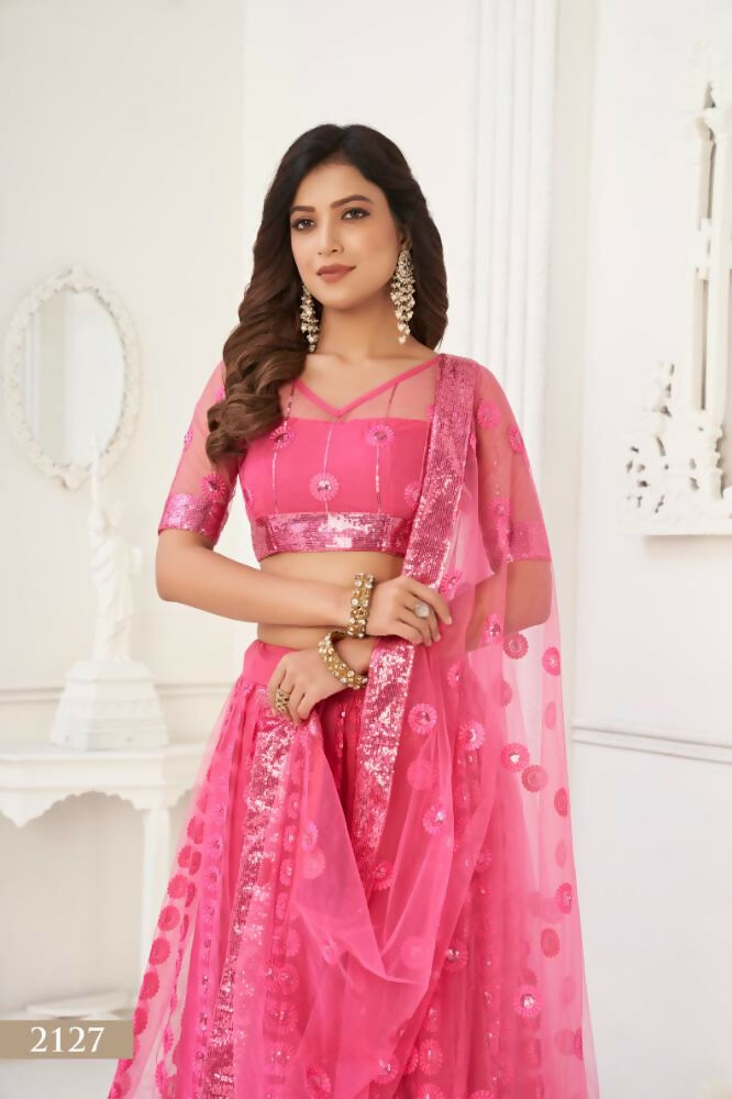 Aastha Fashion Bright Pink Butterfly Net Tone To Tone Thread Work And Sequence Work Embroidery Wedding Wear Lehenga Choli | Grocsy