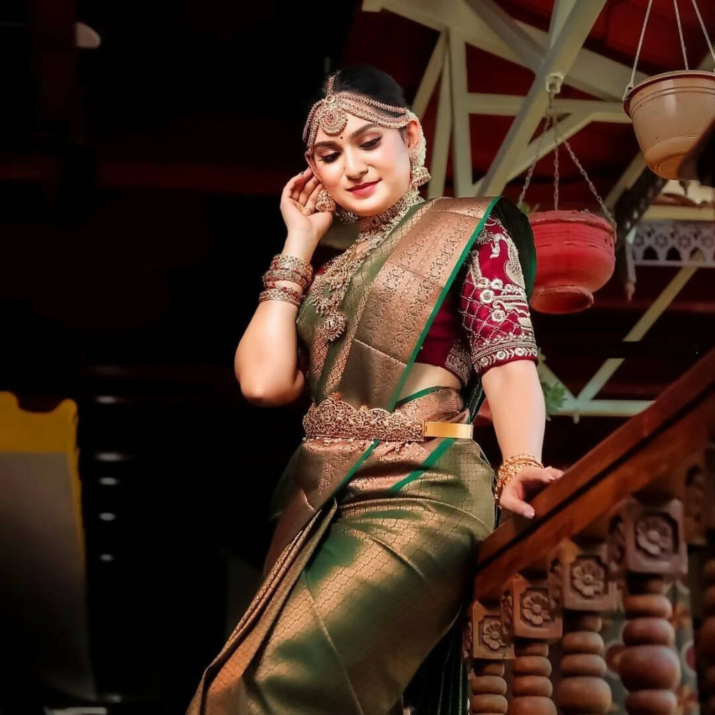 DEIANA'S Beautiful Designer Golden zari Soft Lichi Silk Saree - Green | Grocsy