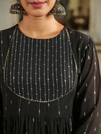 Janasya Black Georgette Foil Print Kurta,Bottom & Dupatta | Grocsy
