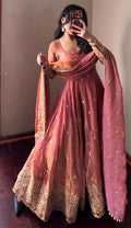 Teeya Creation Peach Fendi Silk Designer Heavy Work Wedding Wear Long Gown | Grocsy