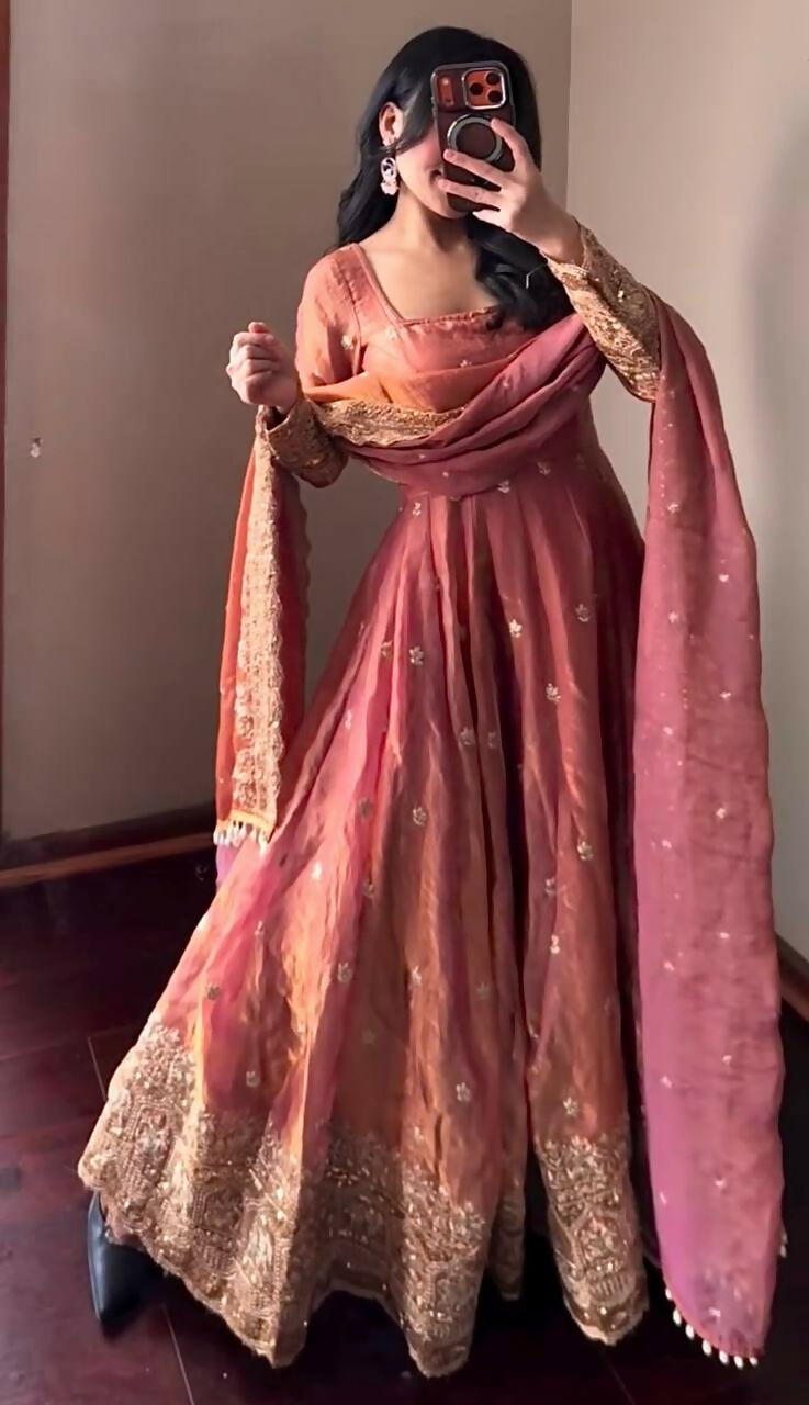 Teeya Creation Peach Fendi Silk Designer Heavy Work Wedding Wear Long Gown | Grocsy