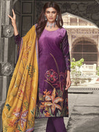 Jyoti Fashion Women's Purple Velvet Floral Digital Printed Kurta with Trouser & Dupatta | Grocsy