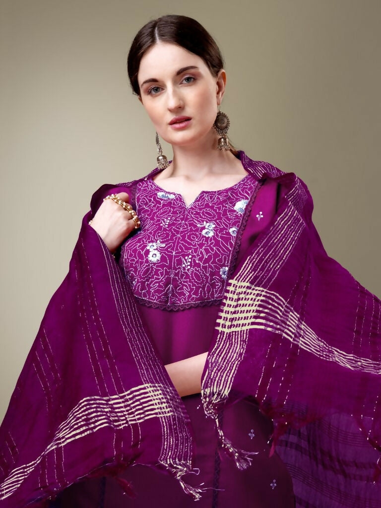 Jyoti Fashion Women's Purple Cotton Blend Embroidery & Fancy Lace work Kurta with Trouser & Dupatta | Grocsy