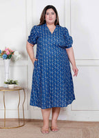 Miravan Plus Size Womens Floral Print Collar-Neck Puff Sleeves A-Line Maxi Dress | Grocsy