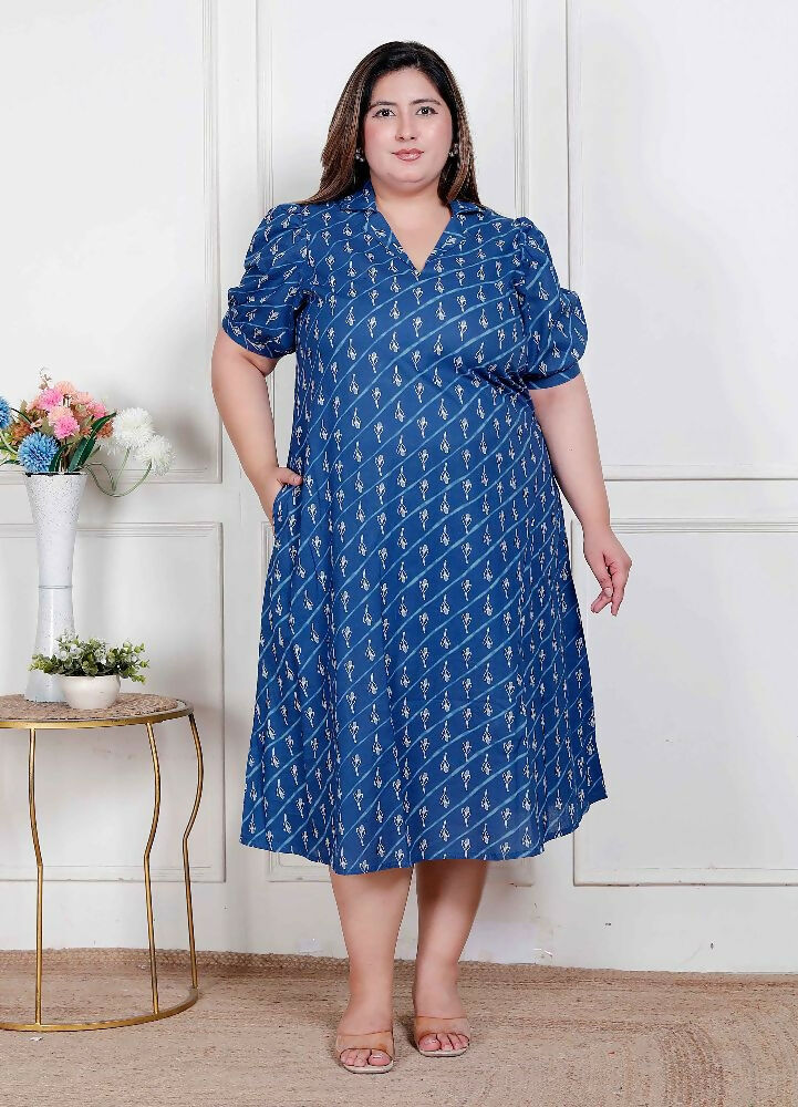 Miravan Plus Size Womens Floral Print Collar-Neck Puff Sleeves A-Line Maxi Dress | Grocsy