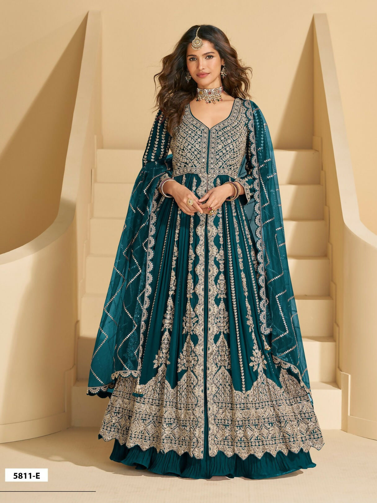 Anaita Teal Chinon Readymade Anarkali Lehenga with Heavy Embroidery Work | Grocsy