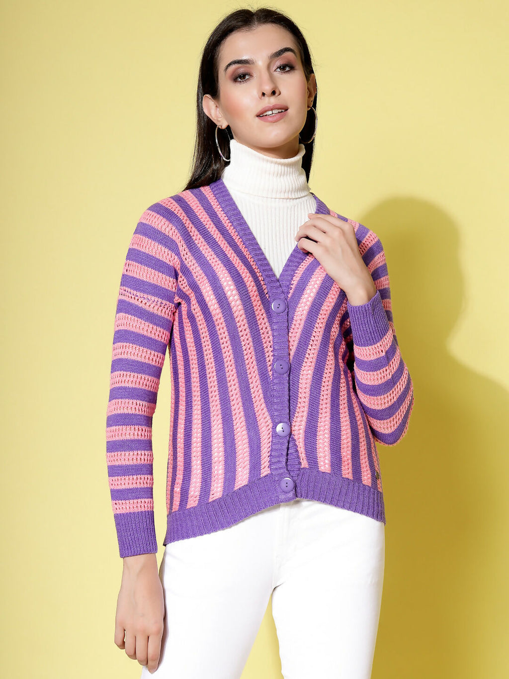 Women Violet Acrylic Stripe Cardigan - Wool Trees | Grocsy