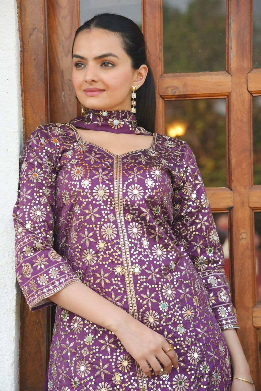Teeya Creation Wine Color Tapeta Silk Embroidery Work Party Wear Palazzo Set | Grocsy