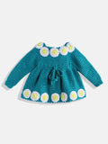 Chutput Kids Woollen Hand Knitted Full Sleeves Daisy Detail Dress For Baby Girls - Sea Green | Grocsy