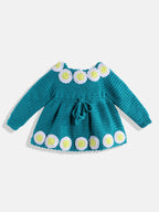 Chutput Kids Woollen Hand Knitted Full Sleeves Daisy Detail Dress For Baby Girls - Sea Green | Grocsy