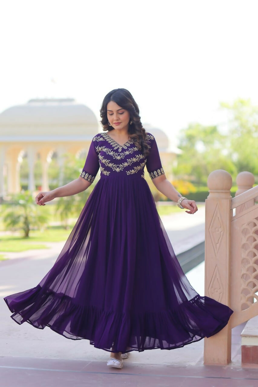 Teeya Creation Purple Color Faux Georgette Party Wear Hand Embroidery Work Long Gown | Grocsy