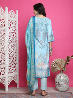 Jyoti Fashion Women's Turquoise Satin Traditional Digital Print with Crystal work Kurta with Trouser & Dupatta | Grocsy
