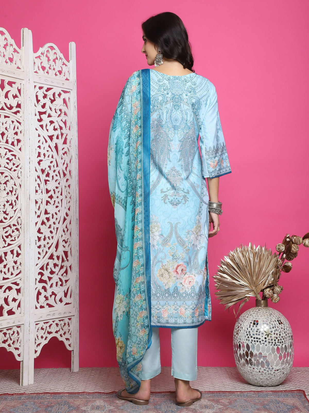 Jyoti Fashion Women's Turquoise Satin Traditional Digital Print with Crystal work Kurta with Trouser & Dupatta | Grocsy