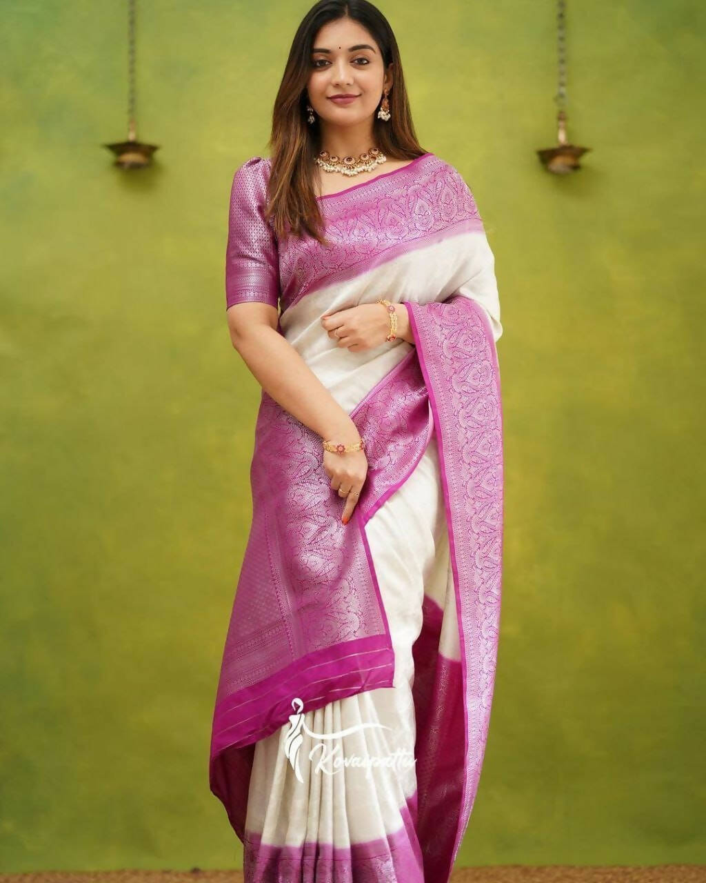 DEIANA'S Beautiful Designer Golden zari Soft Lichi Silk Saree - White | Grocsy