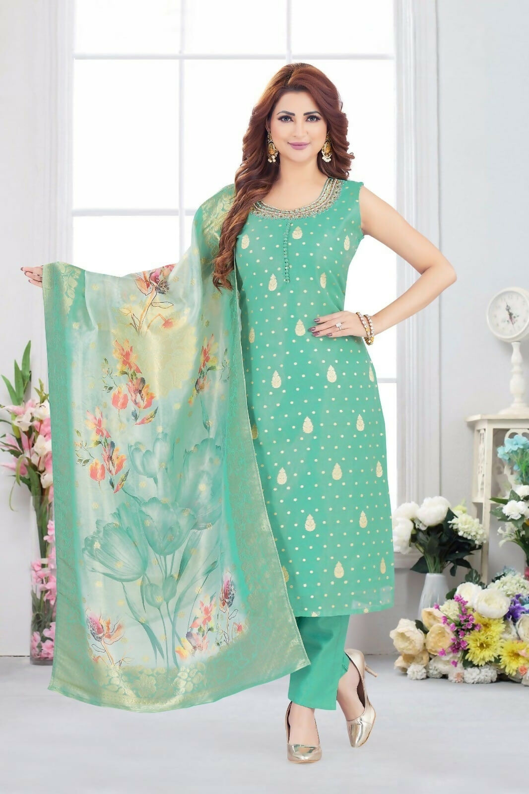 Joban Fashion Jacquard Rama Green Color Kurta Set | Grocsy